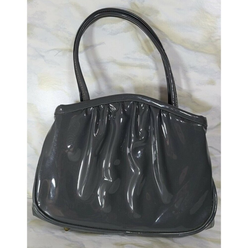 Vtg Garay Handbag Footed Purse Gray Gold Accents Patent Leather Vinyl Look MCM
